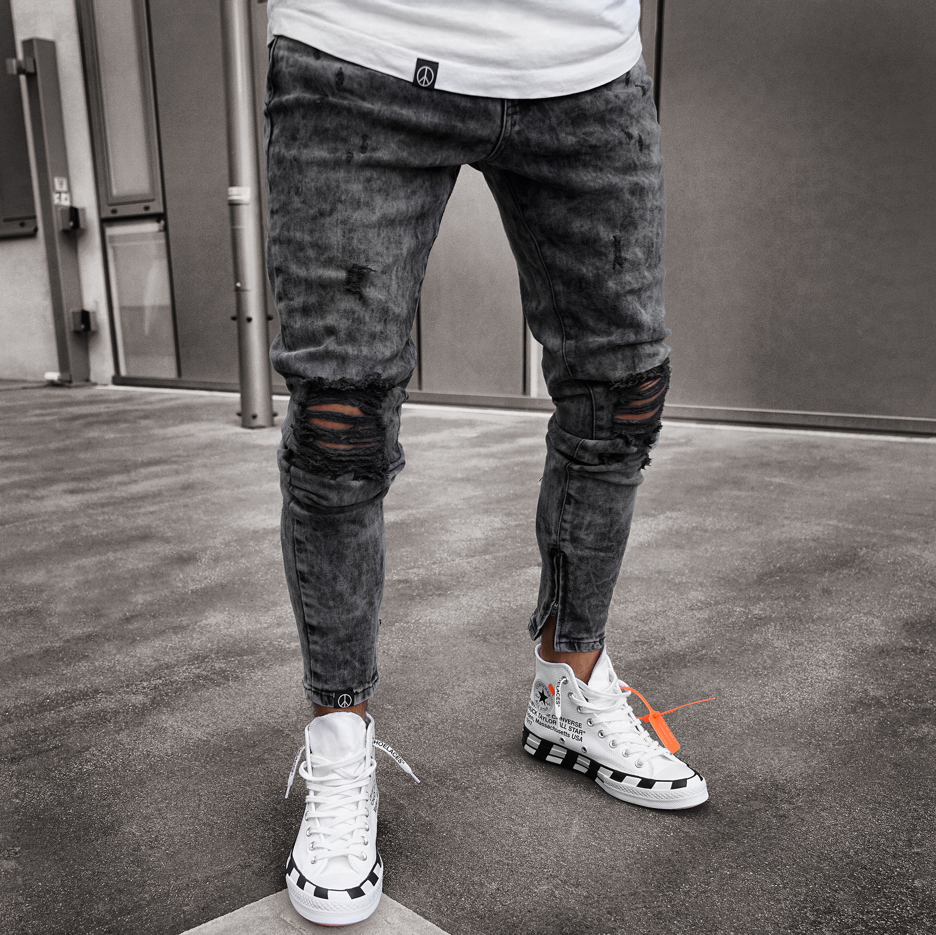 Cross-Border Men's ripped jeans Amazon wish European and American stretch denim leggings men's New