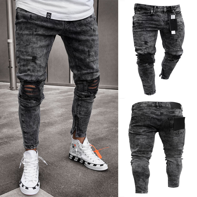 Cross-Border Men's ripped jeans Amazon wish European and American stretch denim leggings men's New