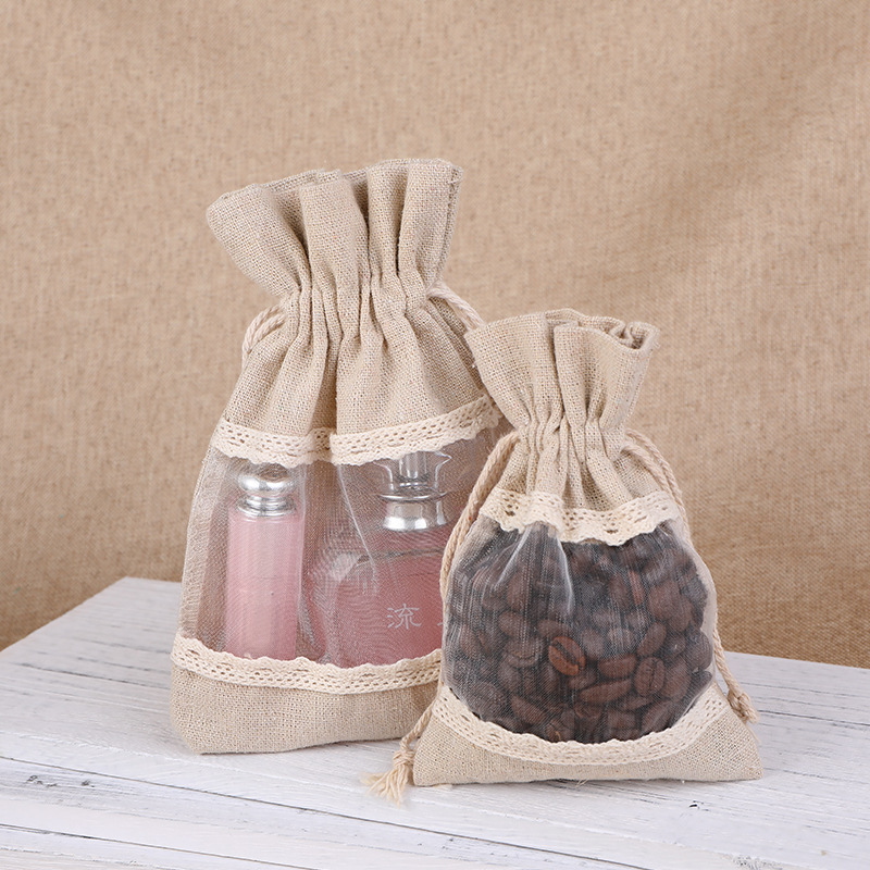 Canvas Bag Printed White Linen Cotton Bag Drawstring Lace Bundle Pocket Cigarette Candy Gift Bag Solid Color Gauze Bag
