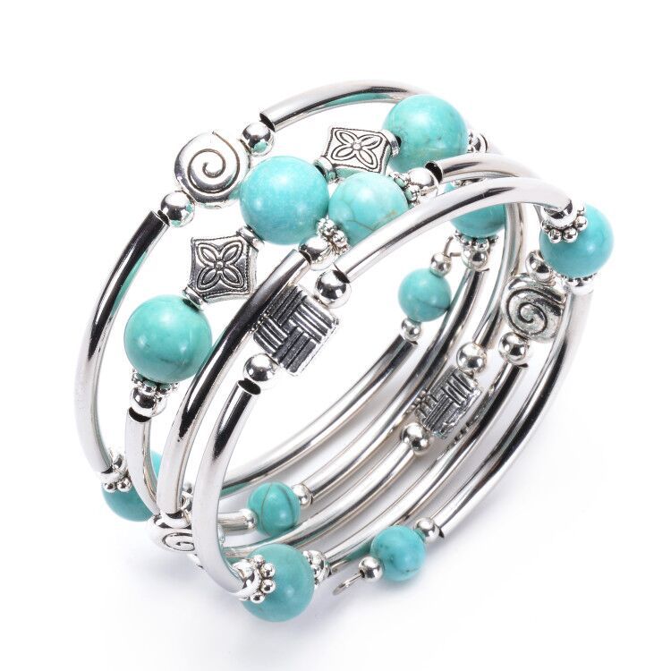Amazon Hot Sale Natural Turquoise Winding Bracelet Volcanic Stone Bluegrain Multi-Layer Women's Natural Stone Bracelet