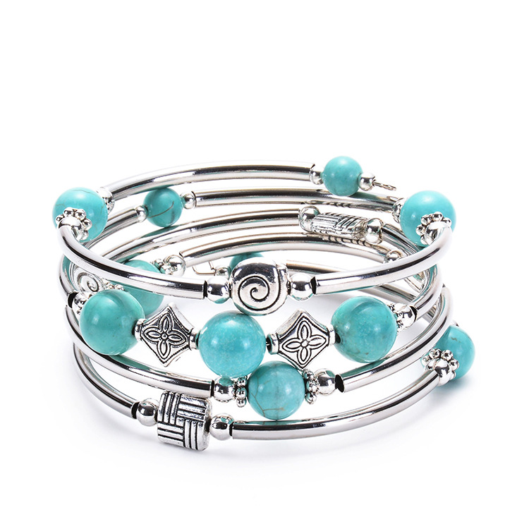 Amazon Hot Sale Natural Turquoise Winding Bracelet Volcanic Stone Bluegrain Multi-Layer Women's Natural Stone Bracelet