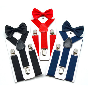 Boys and Girls Universal Solid Color 3 Clip Y-Shaped Strap Bow Tie Set Children's Suspender + Bow Tie Baby Two-Piece Set