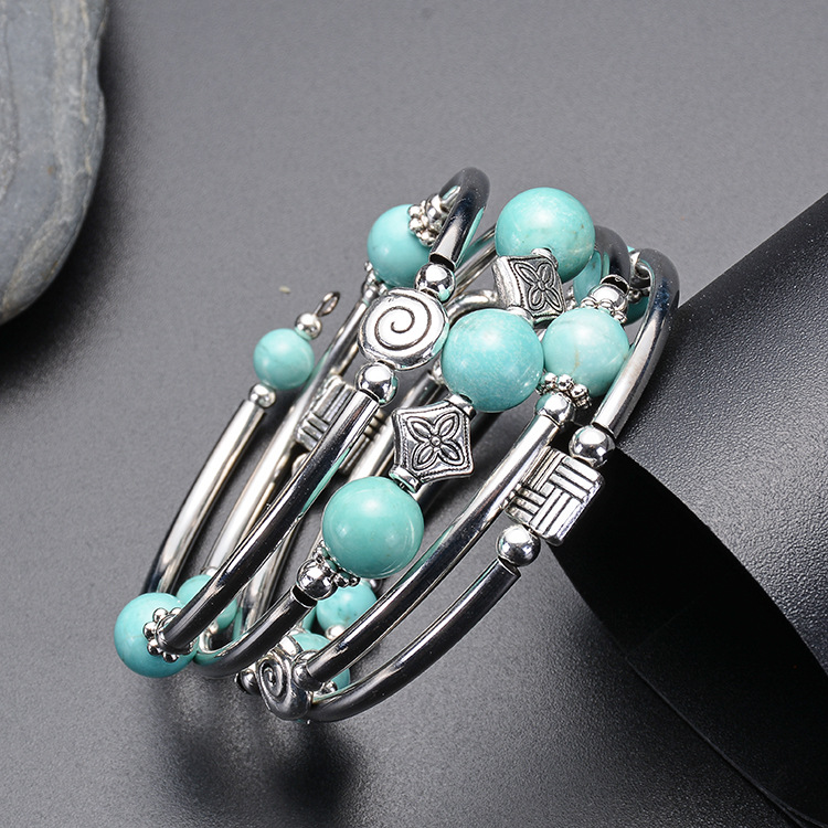 Amazon Hot Sale Natural Turquoise Winding Bracelet Volcanic Stone Bluegrain Multi-Layer Women's Natural Stone Bracelet