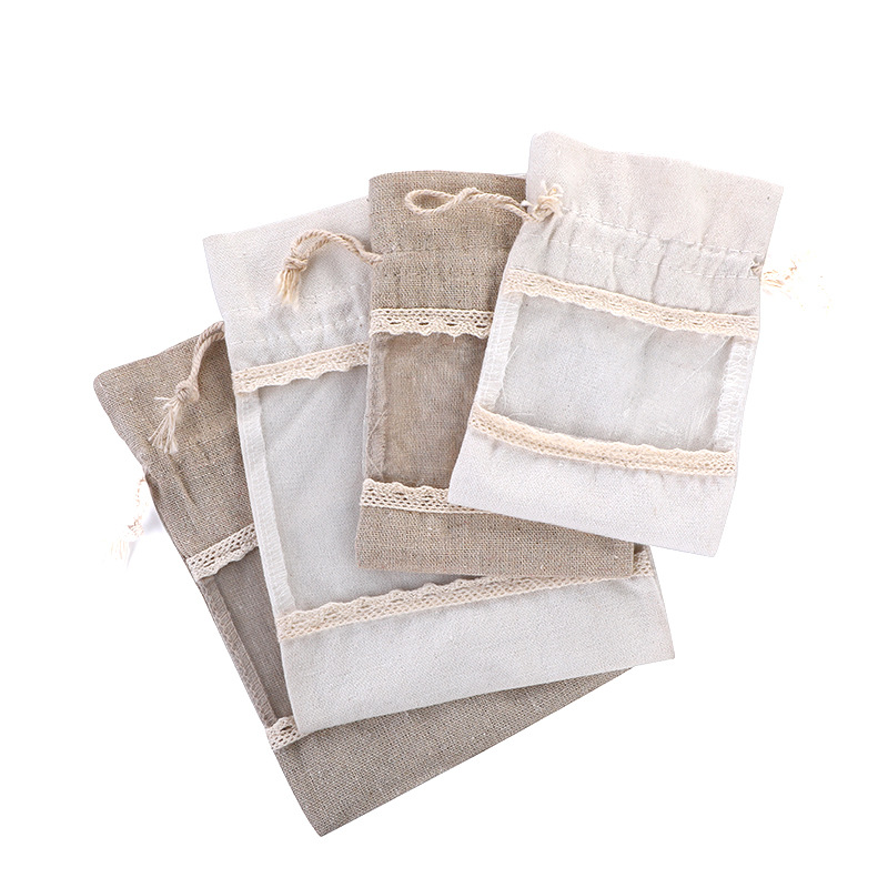 Canvas Bag Printed White Linen Cotton Bag Drawstring Lace Bundle Pocket Cigarette Candy Gift Bag Solid Color Gauze Bag