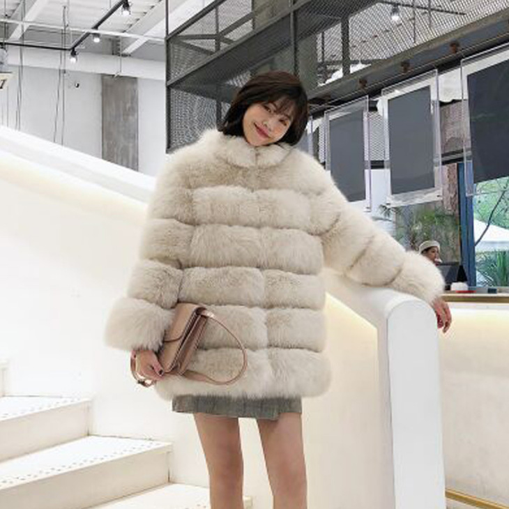 Fur Women's European and American fur women's coat mid-length stand collar artificial fur coat fox fur women's coat