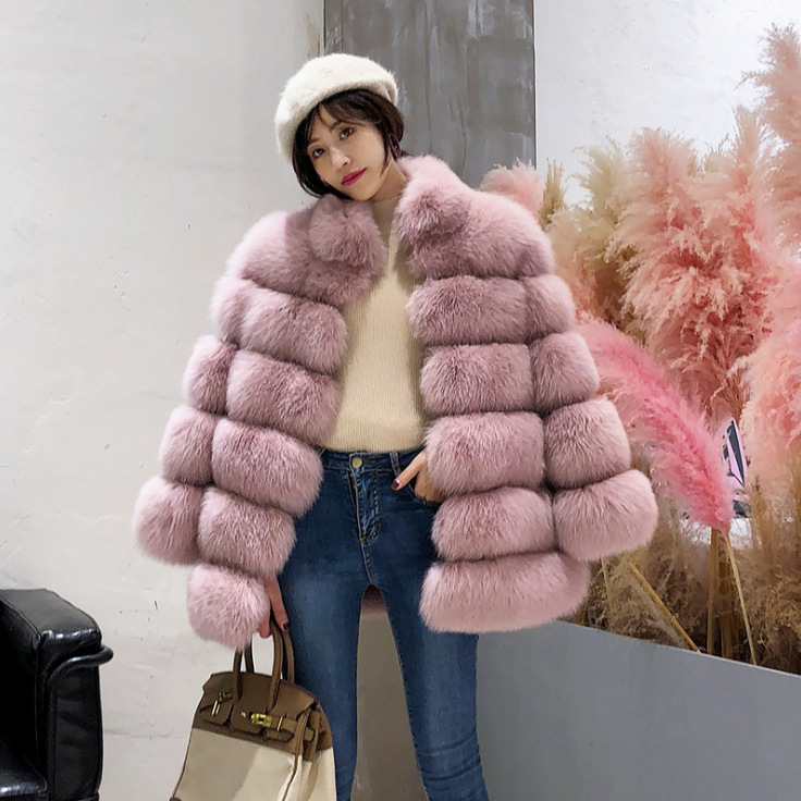 Fur Women's European and American fur women's coat mid-length stand collar artificial fur coat fox fur women's coat