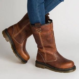 AliExpress wish foreign trade Winter new European and American wind round head pu flat flanging ladies large size boots 34-43