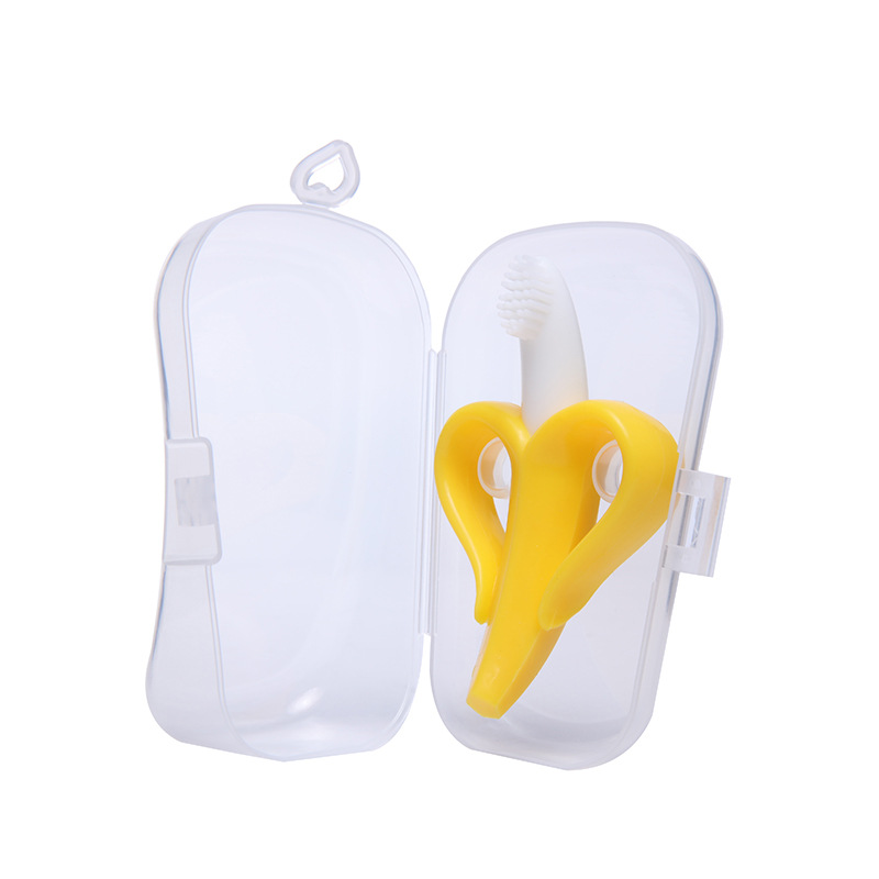 Early baby banana food grade teether baby banana toothbrush children banana silicone teether teether teether stick bite glue