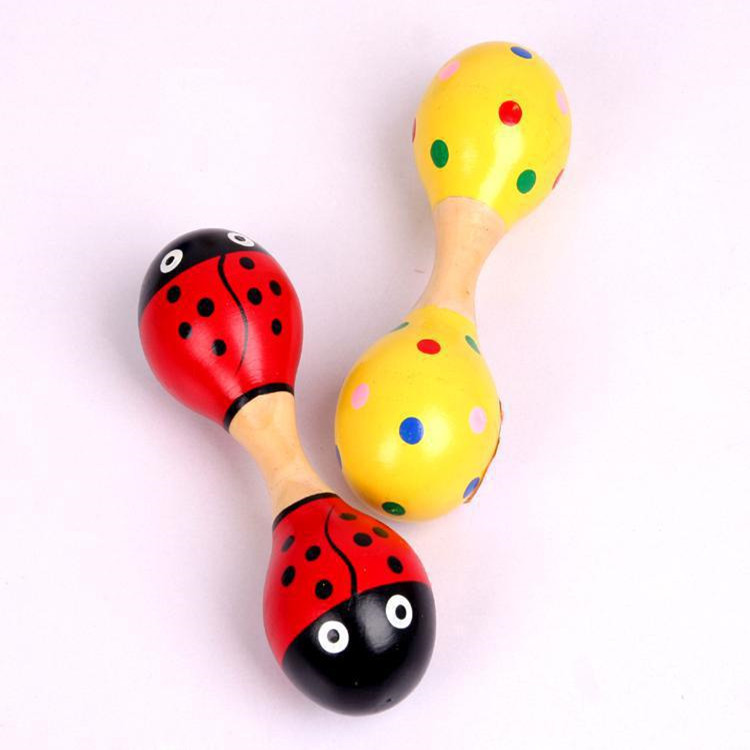Factory direct wooden small double-headed sand hammer cartoon wooden sand ball baby early education toys