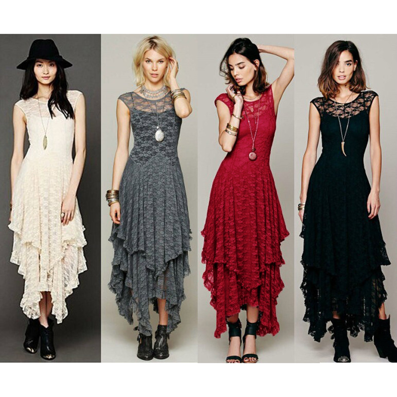 European Station Fashion Women's Explosions Irregular High and Low Lace Dress Sexy Long Dress