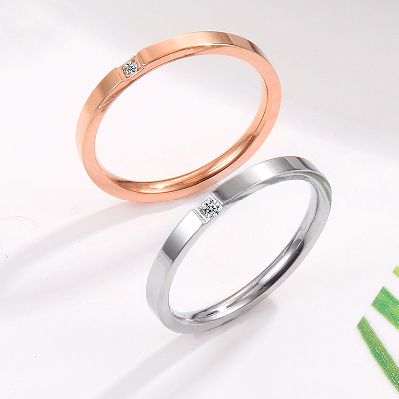 Japanese and Korean Style Extremely Fine One-grain Single Diamond Ring Rose Gold Micro Diamond Couple Ring Women's Titanium Steel Ring