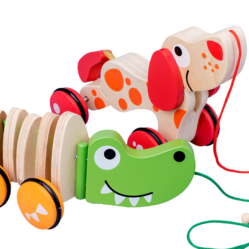 Cross-border wooden children's drag toy educational two-year-old baby fun rope snail crocodile puppy pull toy