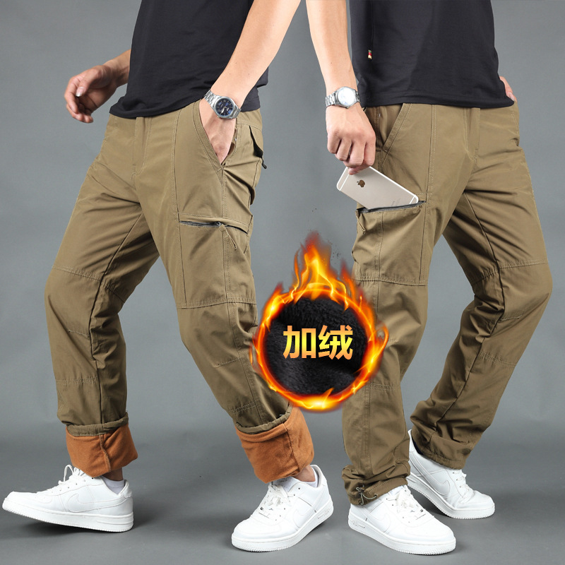 Outdoor Winter Casual Pants Men's Fleece-lined Thickened Multi-pocket Crock Pants Men's Charge Pants Large Size Men's Warm Cotton Pants