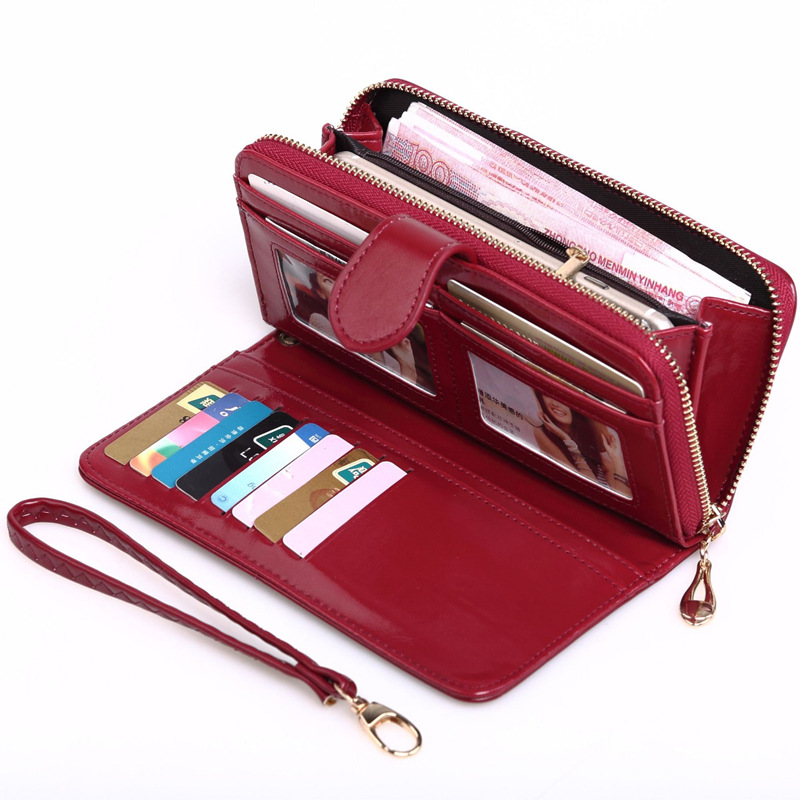 New oil leather coin purse, long zipper mobile phone bag, women's multi-card slot hand bag, card bag, 30% off coin bag Y006