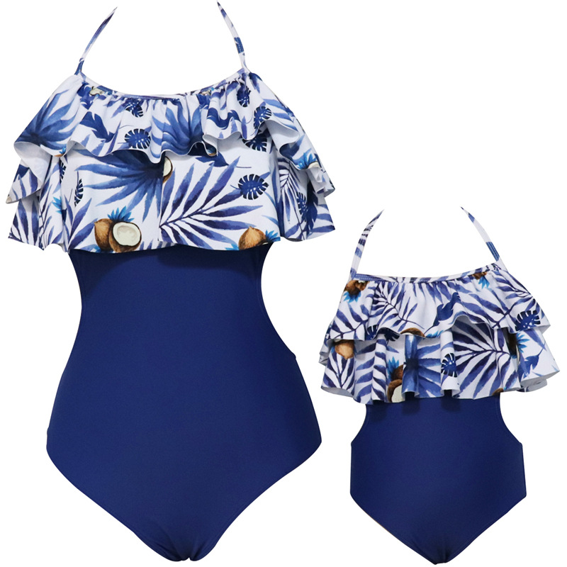 New European and American swimsuit printed one-piece double ruffled parent-child swimsuit factory in stock wholesale swimwear