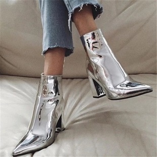AliExpress Amazon wish patent leather fabric pointed block heel high heel zipper Knight boots spot