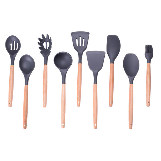Factory spot Amazon dark gray wooden handle silicone kitchen utensils European non-stick kitchen tools baking set