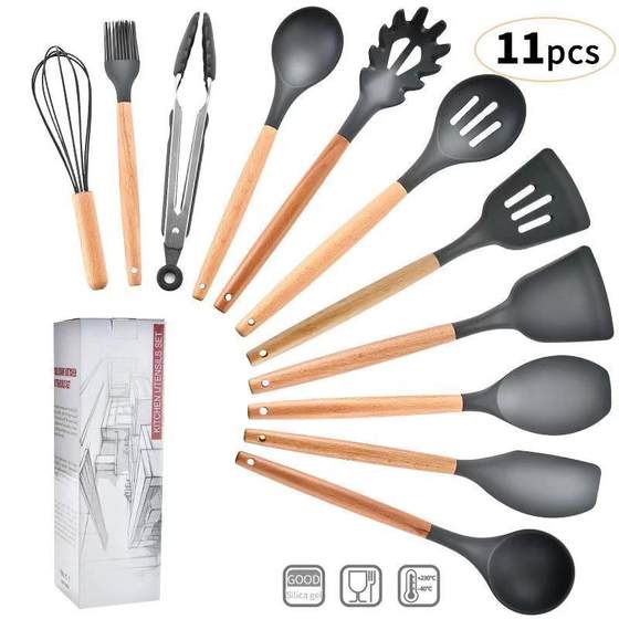 Factory spot Amazon dark gray wooden handle silicone kitchen utensils European non-stick kitchen tools baking set