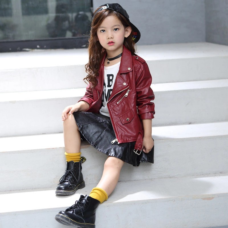 Spring and Autumn New Children's Clothing Han Fan Chao Cool Girls PU Leather Short Belt Buckle Solid Color Leather Jacket Coat