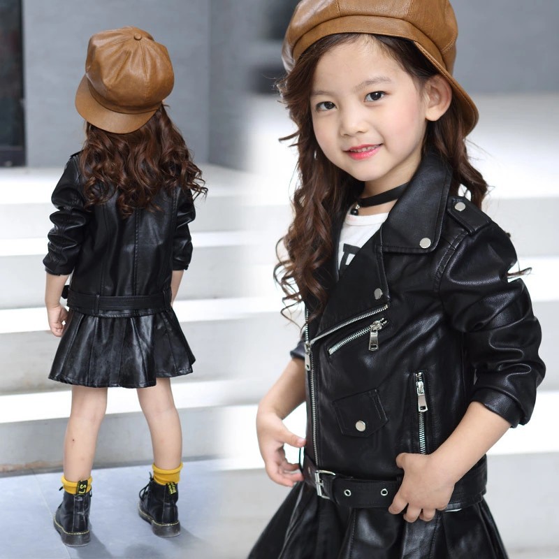 Spring and Autumn New Children's Clothing Han Fan Chao Cool Girls PU Leather Short Belt Buckle Solid Color Leather Jacket Coat