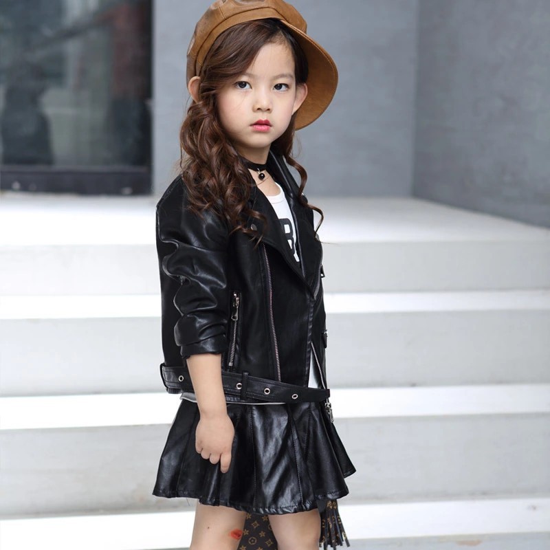 Spring and Autumn New Children's Clothing Han Fan Chao Cool Girls PU Leather Short Belt Buckle Solid Color Leather Jacket Coat