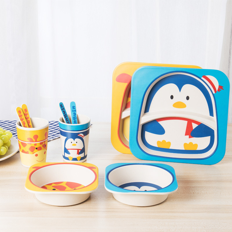 创意可爱卡通竹粉竹纤维儿童餐具套装五件套幼儿园宝宝碗儿童餐盘