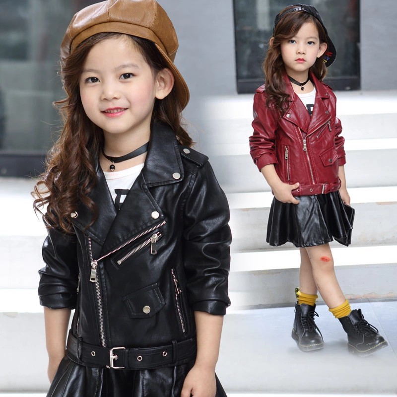 Spring and Autumn New Children's Clothing Han Fan Chao Cool Girls PU Leather Short Belt Buckle Solid Color Leather Jacket Coat