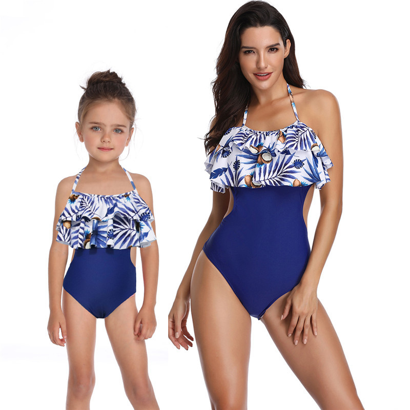 New European and American swimsuit printed one-piece double ruffled parent-child swimsuit factory in stock wholesale swimwear