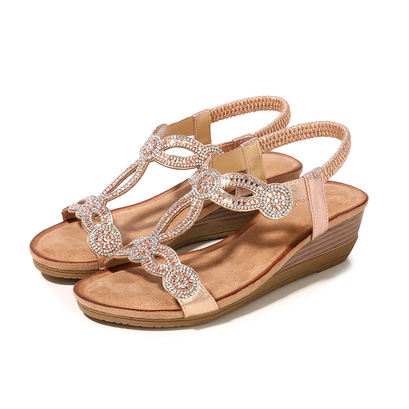 Women's sandals 2024 New retro ethnic style bohemian wedge rhinestone sandals cross-border plus size women's shoes