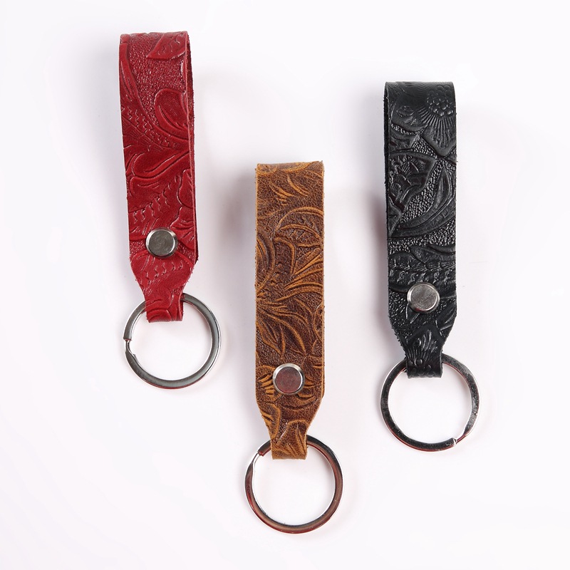 Carved Leather Car Keychain Pendant Leather Carved Pattern Cowhide Unisex Personalized Creative Key Chain