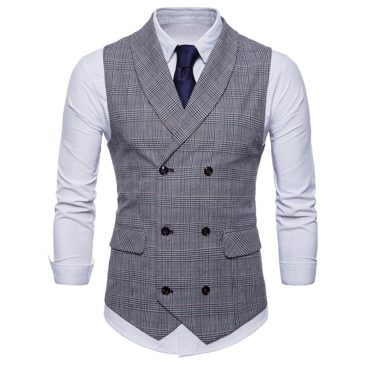 Wash Marked Foreign Trade Vest British Slim-fit Men's Double-breasted Plaid Suit Vest Business Casual Vest Trendy