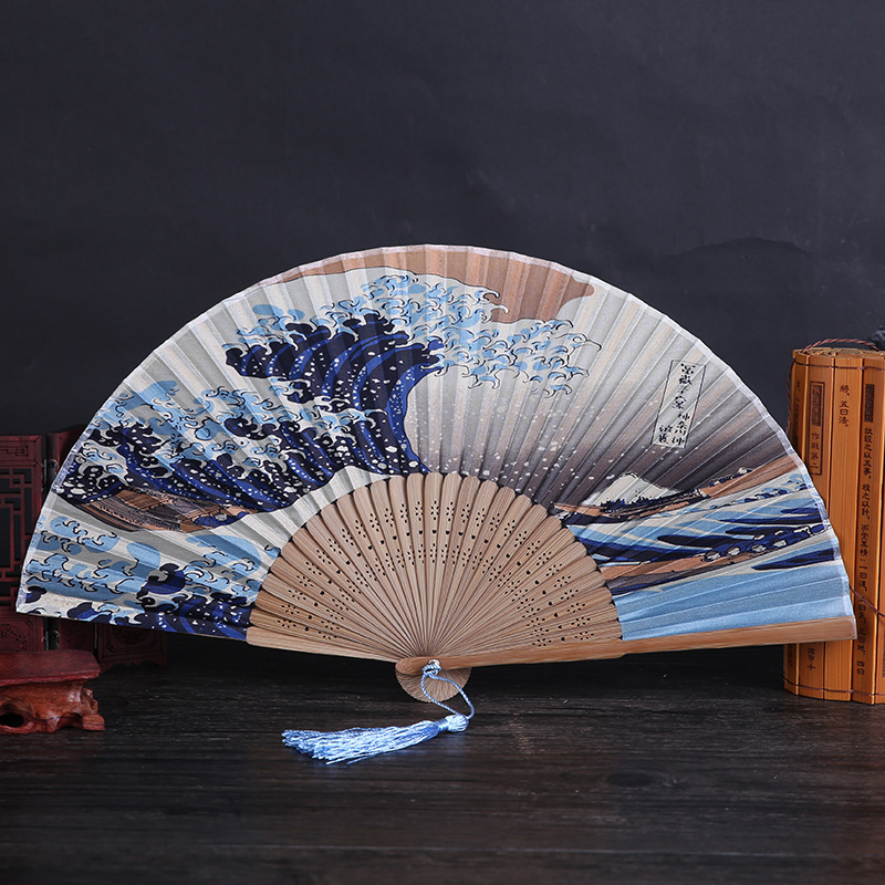 Japanese Series Silk Bamboo Fan Red Sun Mount Fuji Kanagawa Waves Women Fan Wholesale Amazon Explosions