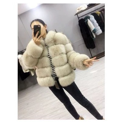 Haining fur manufacturers wholesale imitation fox fur coat long sleeve short round neck belt Korean cardigan women's enlarged