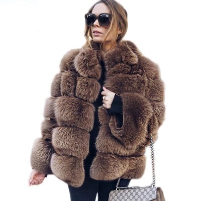 Haining fur manufacturers wholesale imitation fox fur coat long sleeve short round neck belt Korean cardigan women's enlarged