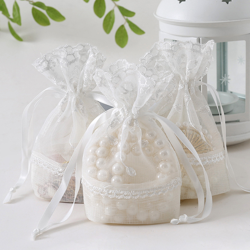 New Cross-border Five-petal Flower White Lace Gauze Bag Folded Bottom Jewelry Bag Drawstring Bag Creative Gift Bamboo Bundle Pocket