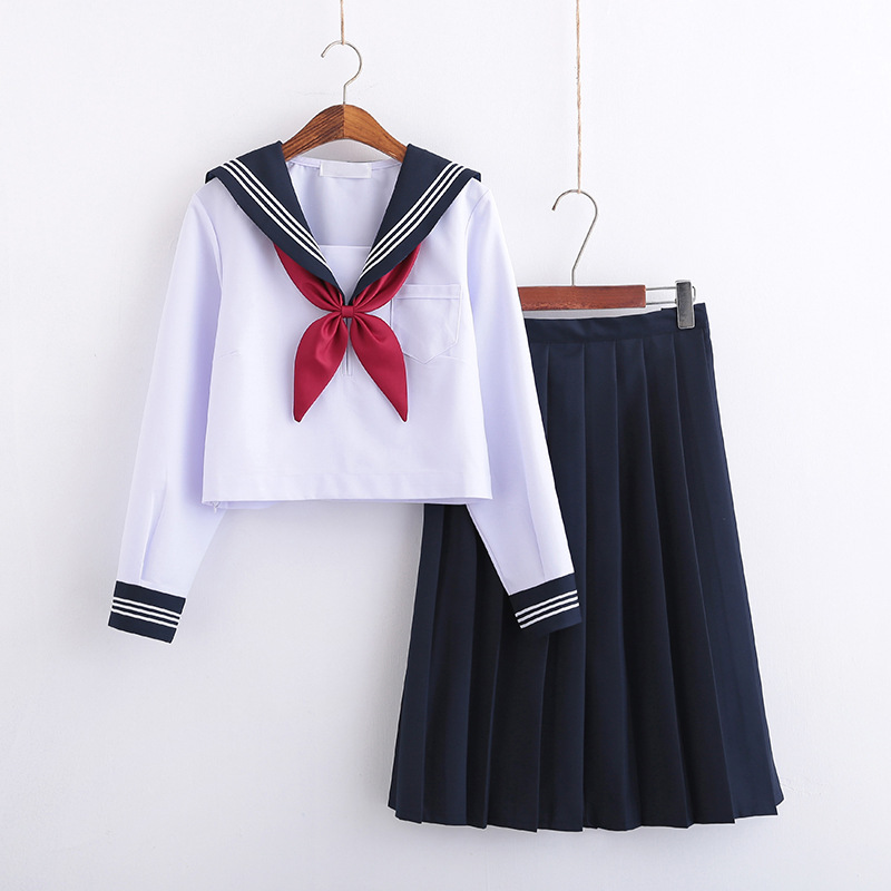 White Sanben JK Uniform Sailor Suit Women's Long-sleeved Student Suit Pleated Skirt Graduation Class Uniform School Uniform Soft Girl Suit Student Suit