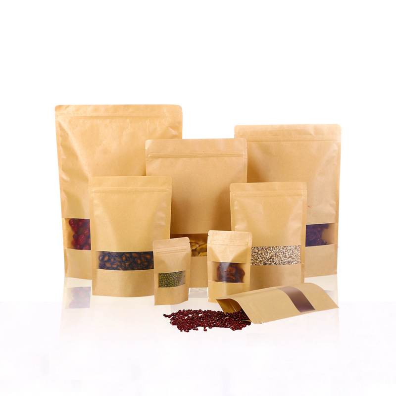 Factory wholesale kraft paper bag frosted window food packaging kraft paper self-sealing bag tea self-standing bag can be printed