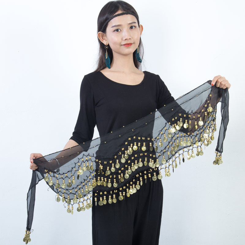 Spot wholesale 128 gold coin belly dance waist chain Indian dance three-layer chiffon accessories belt hip towel generation hair women