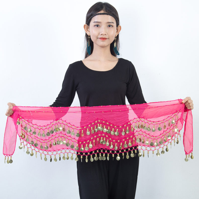 Spot wholesale 128 gold coin belly dance waist chain Indian dance three-layer chiffon accessories belt hip towel generation hair women