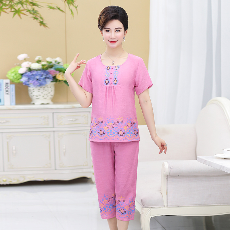 Middle-aged and elderly women's clothing summer cotton and linen cotton silk short-sleeved cropped pants mom two-piece suit plus size loose home wear
