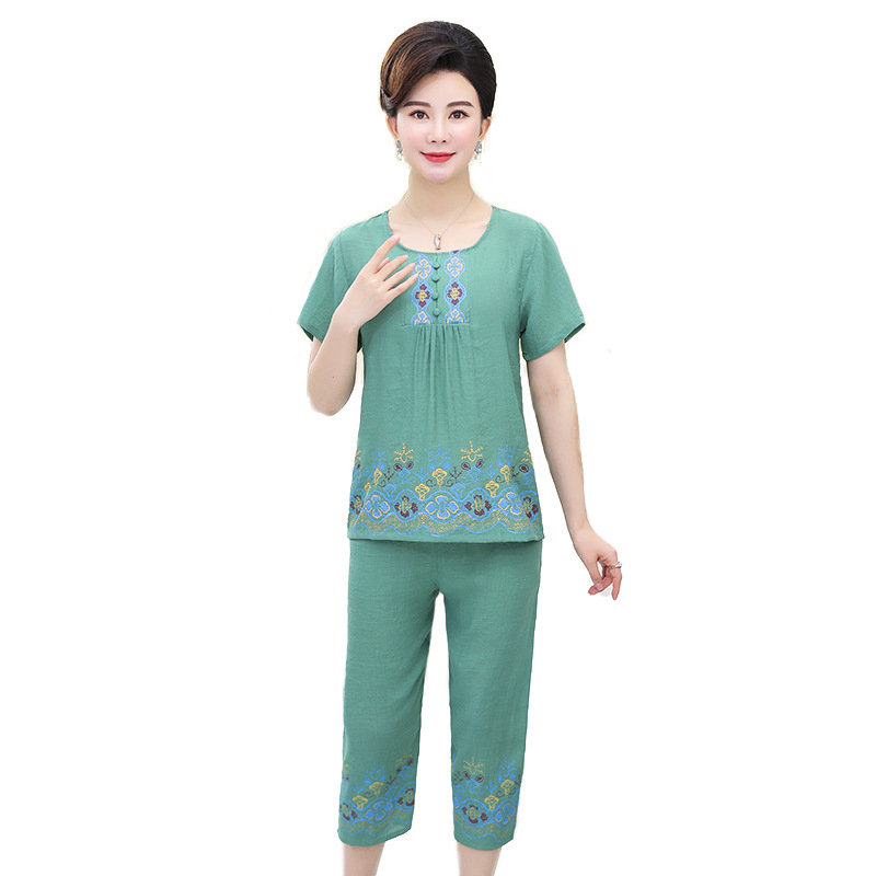 Middle-aged and elderly women's clothing summer cotton and linen cotton silk short-sleeved cropped pants mom two-piece suit plus size loose home wear