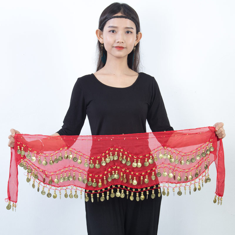 Spot wholesale 128 gold coin belly dance waist chain Indian dance three-layer chiffon accessories belt hip towel generation hair women