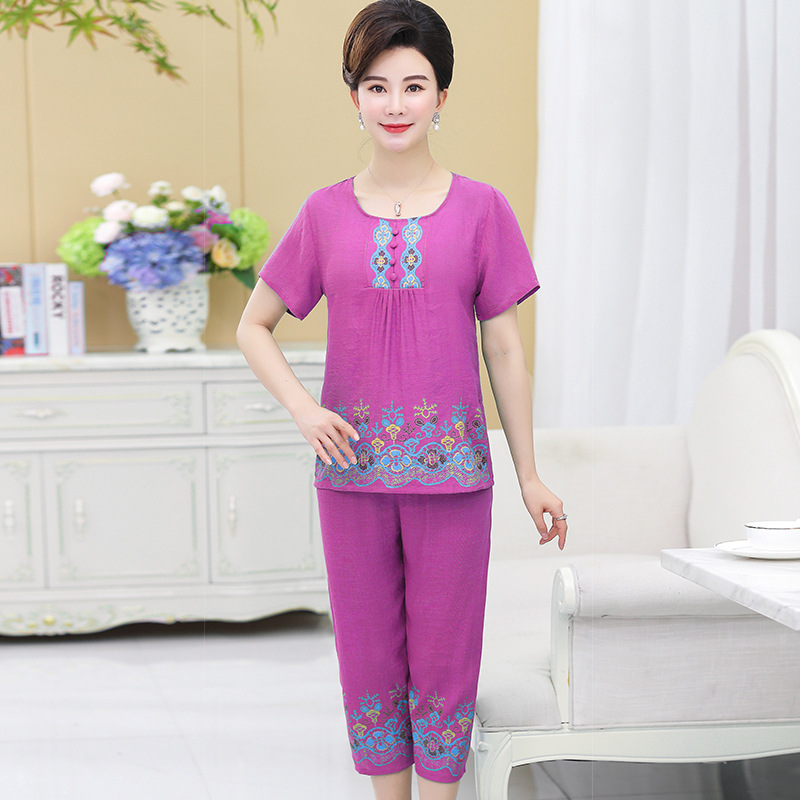 Middle-aged and elderly women's clothing summer cotton and linen cotton silk short-sleeved cropped pants mom two-piece suit plus size loose home wear