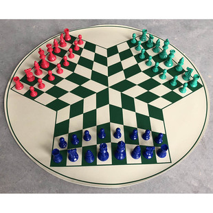 A game of three people playing chess together.