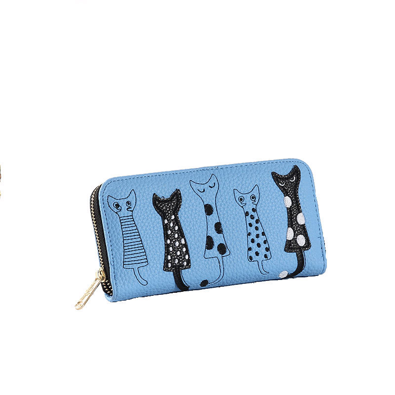 New European and American Explosions Cat Cute Cartoon Embroidered Line Women's Long Wallet Women's Long Clutch Coin Purse