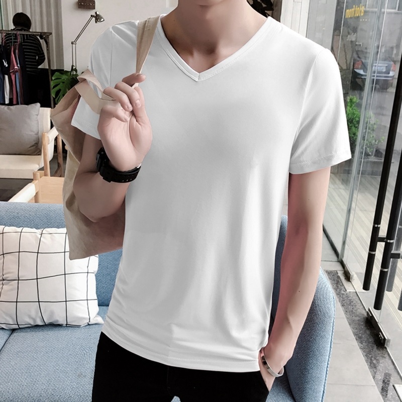 2022 Summer Korean Style Men's Pure White T-shirt Men's Short-sleeved Solid Color Round Neck Slim-fit T-shirt Base Shirt Half-sleeve Trendy