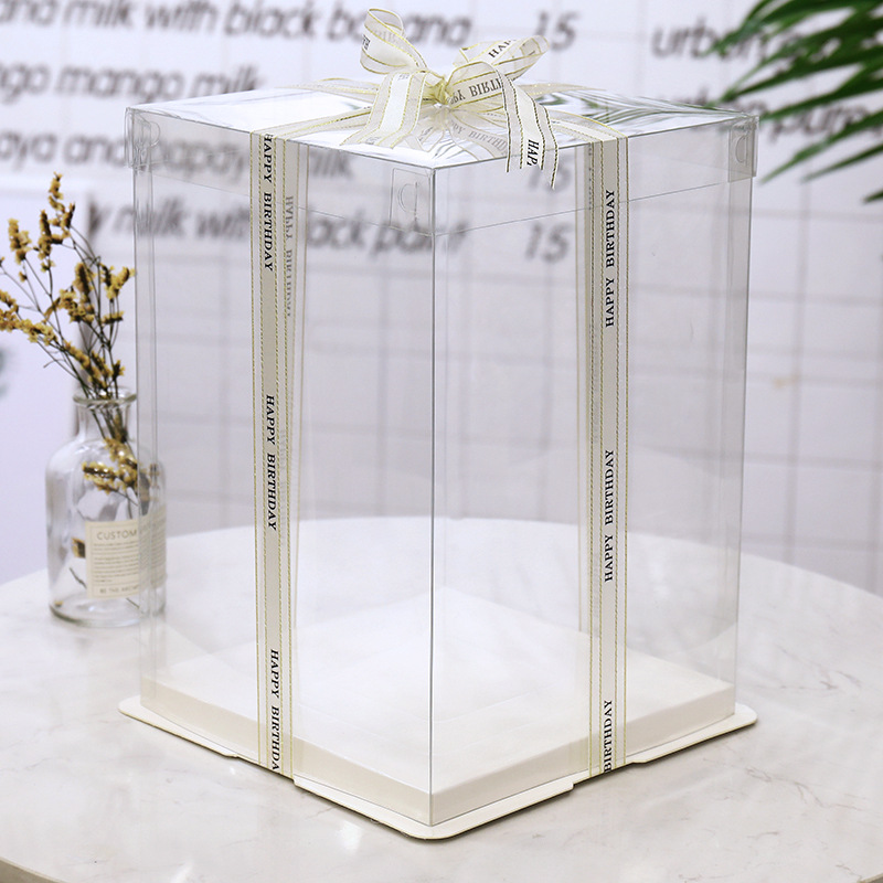 Factory production wholesale fully transparent cake box PET double-layer heightened three-in-one portable birthday cake box