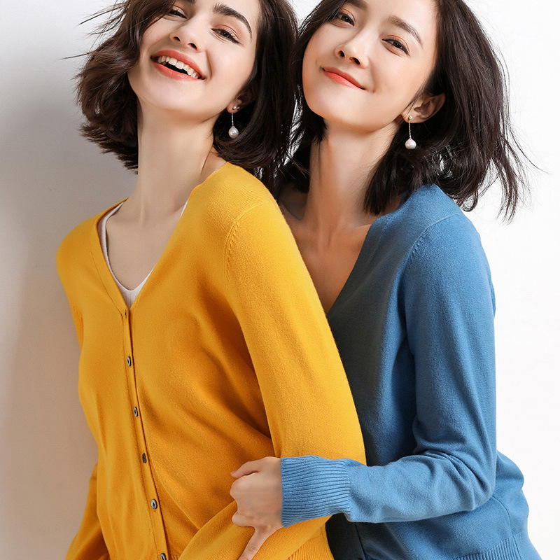 22 Spring New Women's Coat Long-sleeved V-neck Knitted Cardigan Women's Short Thin Solid Color Slim-fit Korean Style Slim Sweater