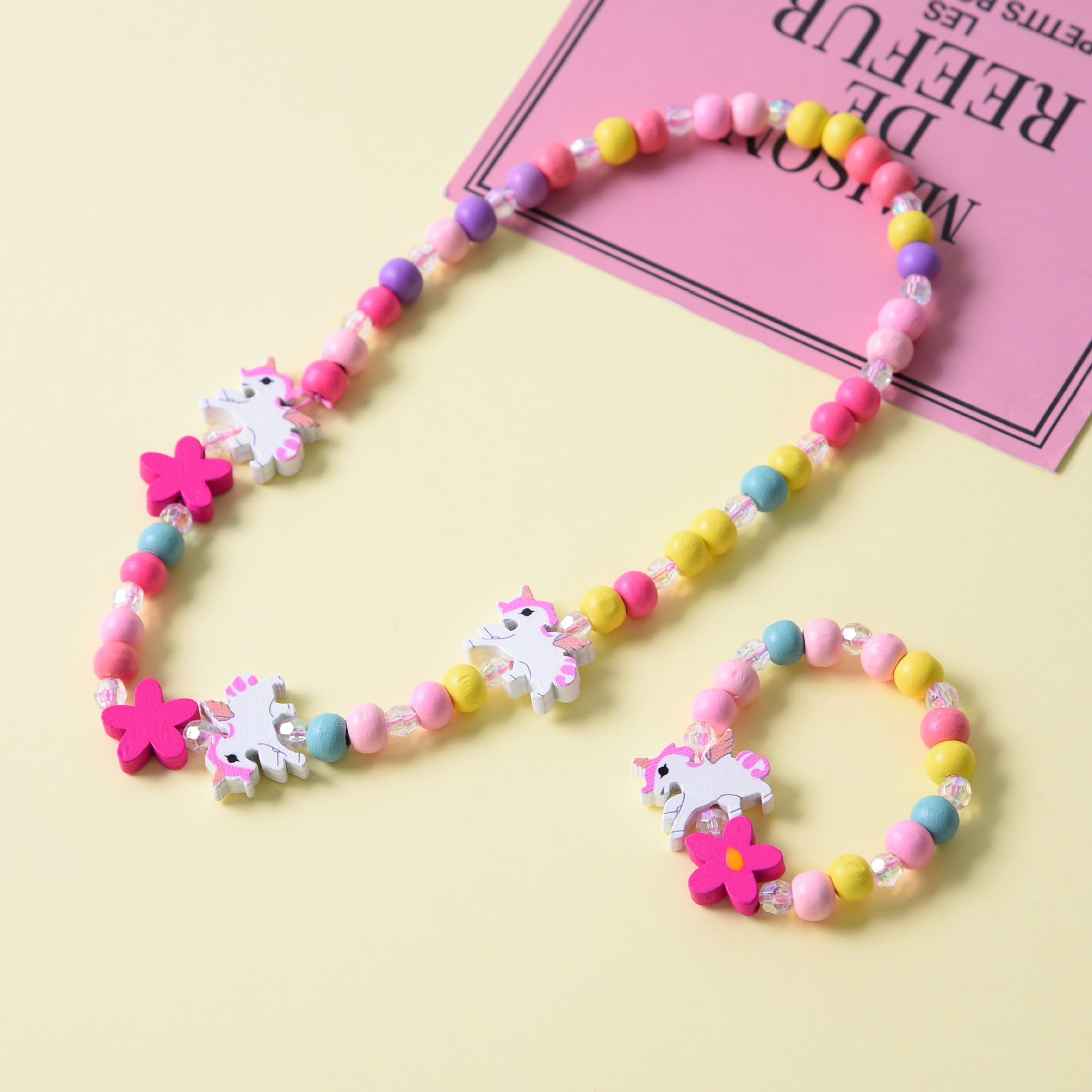 Children's Wooden Hand Beaded Bracelet Candy Color Cartoon Shape Color Bracelet Necklace Set Factory Direct Supply