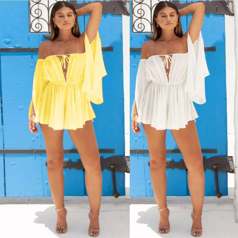 Summer New Open Sleeve Off-shoulder Lace-up Tube Top Casual Outer Wear High Waist dress Women's Chiffon Beach Dress